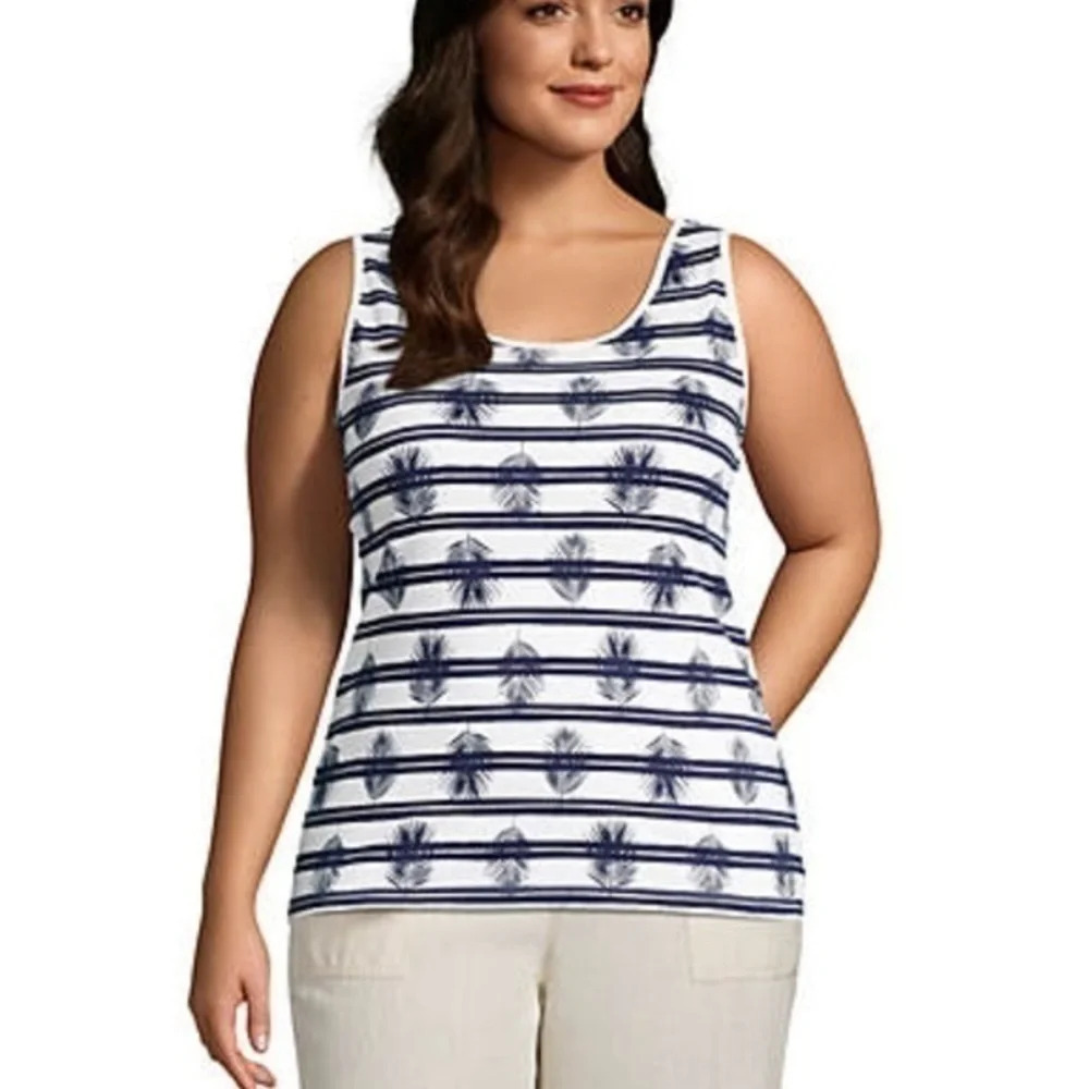 New Lands End Interlock Cotton Tank Top Size 1X Blue Palm Stripe